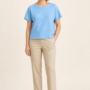 Women's Sky Tonal Texture Rib Tee worn with an adult model