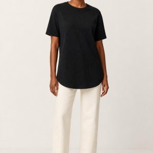 Women's Black Tonal Texture Longline Tee worn with an adult model