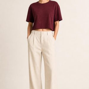 Women's Burgundy Tonal Texture Cropped Tee worn with an adult model