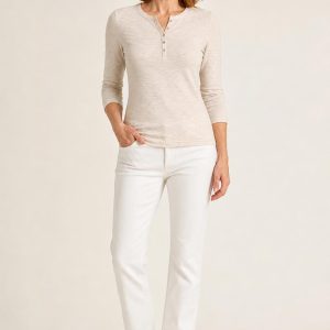 Women's Oatmeal Tonal Texture Henley Tee worn with an adult model