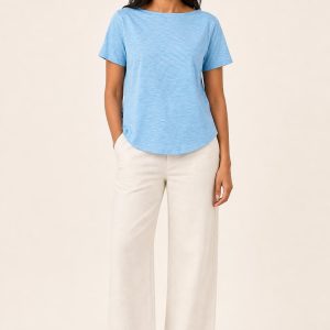 Women's Sky Tonal Texture Boat-Neck Tee worn with an adult model