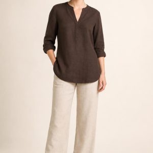 Women's Chocolate Split-Neck Tunic worn with an adult model