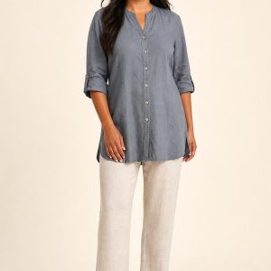 Women's Slate Button-Front Tunic worn with an adult model