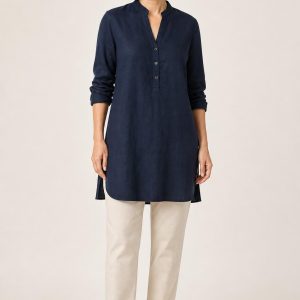 Women's Navy Side-Slit Tunic worn with an adult model