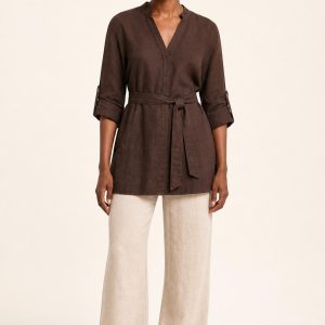 Women's Chocolate Belted Tunic worn with an adult model