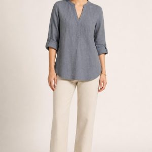 Women's Slate Tonal Texture Split-Neck Tunic worn with an adult model