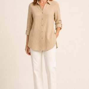Women's Sand Tonal Texture Button-Front Tunic worn with an adult model
