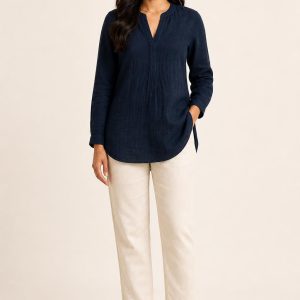 Women's Navy Tonal Texture Popover Tunic worn with an adult model