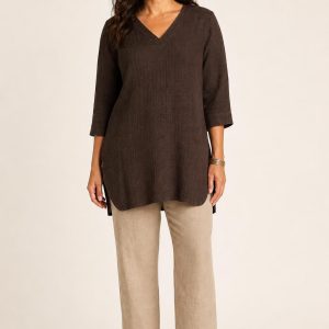 Women's Chocolate Tonal Texture Side-Slit Tunic worn with an adult model