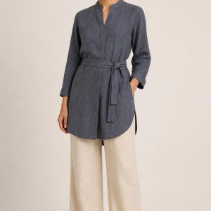Women's Slate Tonal Texture Belted Tunic worn with an adult model