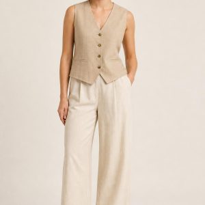 Women's Sand Tailored Vest worn with an adult model