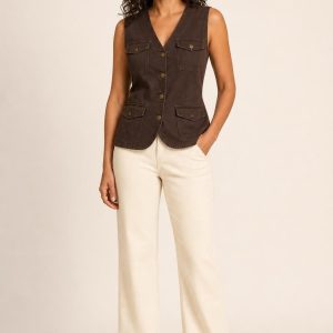 Women's Chocolate Utility Vest worn with an adult model