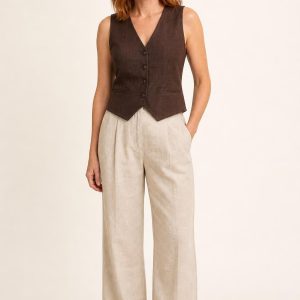 Women's Chocolate Linen Vest worn with an adult model