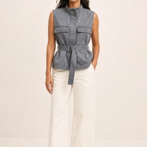 Women's Slate Belted Vest worn with an adult model