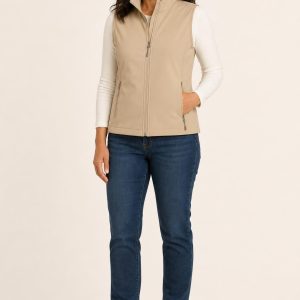 Women's Sand Softshell Vest worn with an adult model