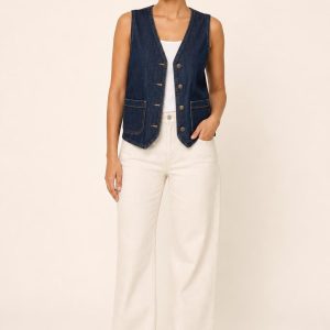 Women's Navy Denim Vest worn with an adult model