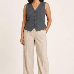Women's Slate Tonal Texture Tailored Vest worn with an adult model