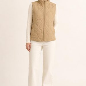 Women's Sand Tonal Texture Quilted Vest worn with an adult model