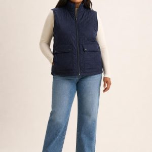 Women's Navy Tonal Texture Utility Vest worn with an adult model