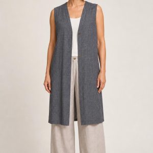 Women's Slate Tonal Texture Longline Vest worn with an adult model
