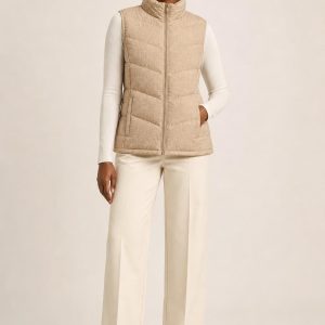 Women's Sand Tonal Texture Puffer Vest worn with an adult model