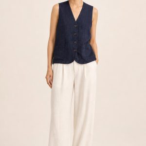 Women's Navy Tonal Texture Linen Vest worn with an adult model