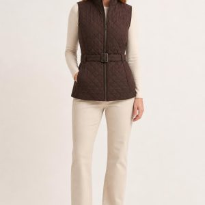 Women's Chocolate Tonal Texture Belted Vest worn with an adult model