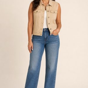 Women's Sand Tonal Texture Denim Vest worn with an adult model