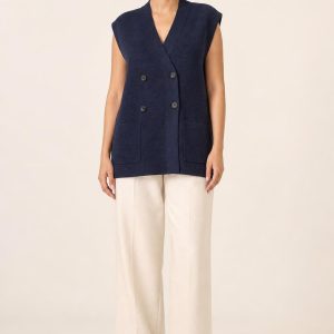 Women's Navy Tonal Texture Double-Breasted Vest worn with an adult model