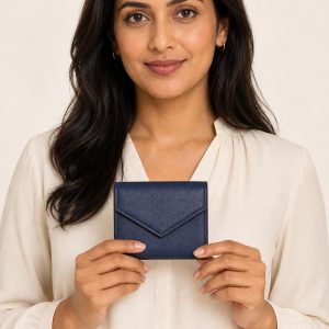 Women's Indigo Fold Wallet shown with an adult model
