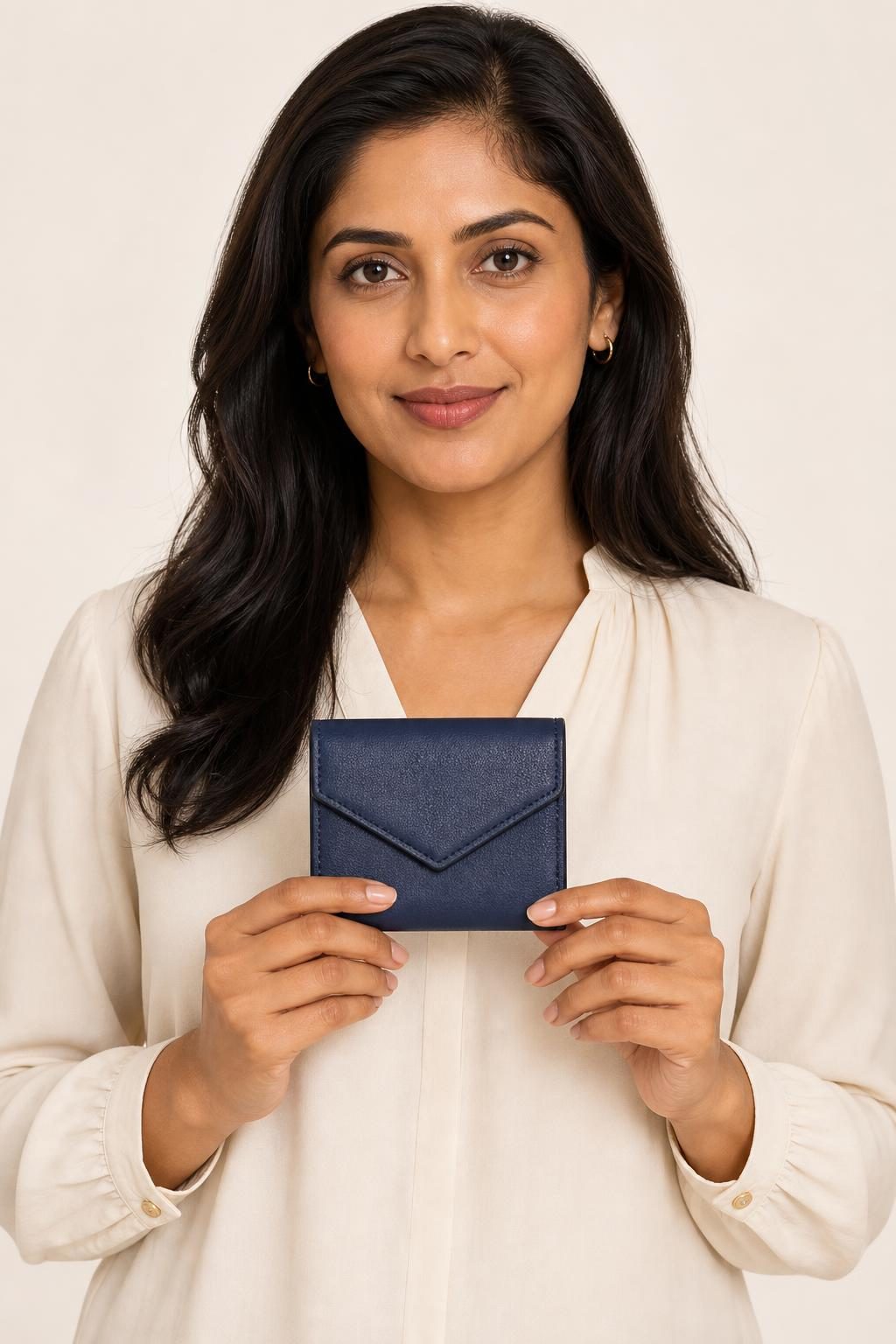 Women's Indigo Fold Wallet shown with an adult model
